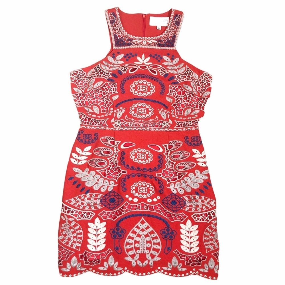 J.O.A Red Halter Neck Embroidered Mini Dress